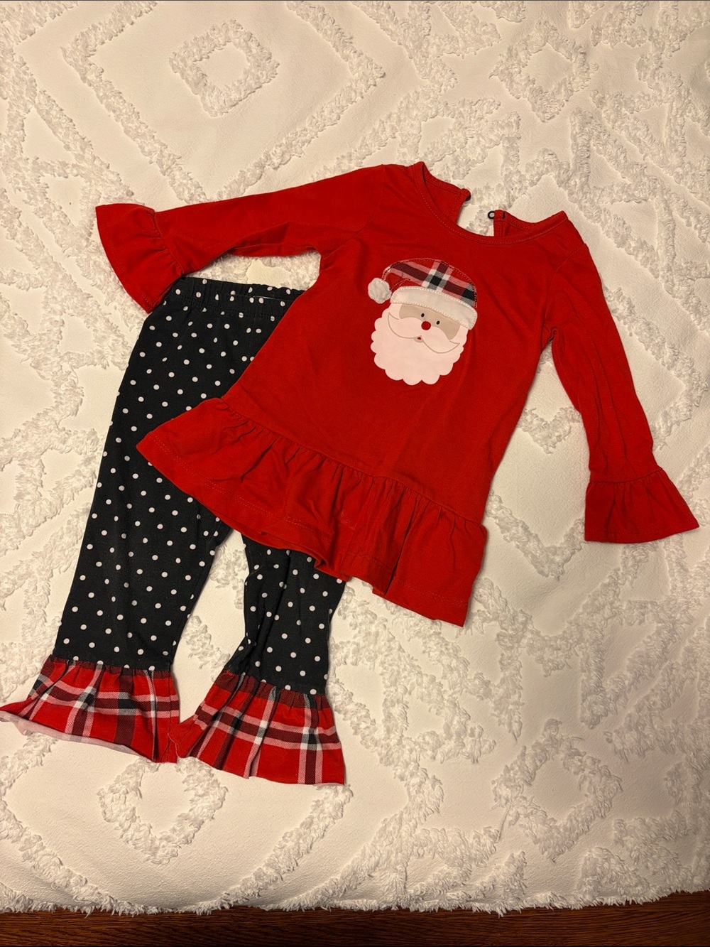 Girls Red Santa Top with Black Polka Dot Ruffle Leggings, Twin Girls